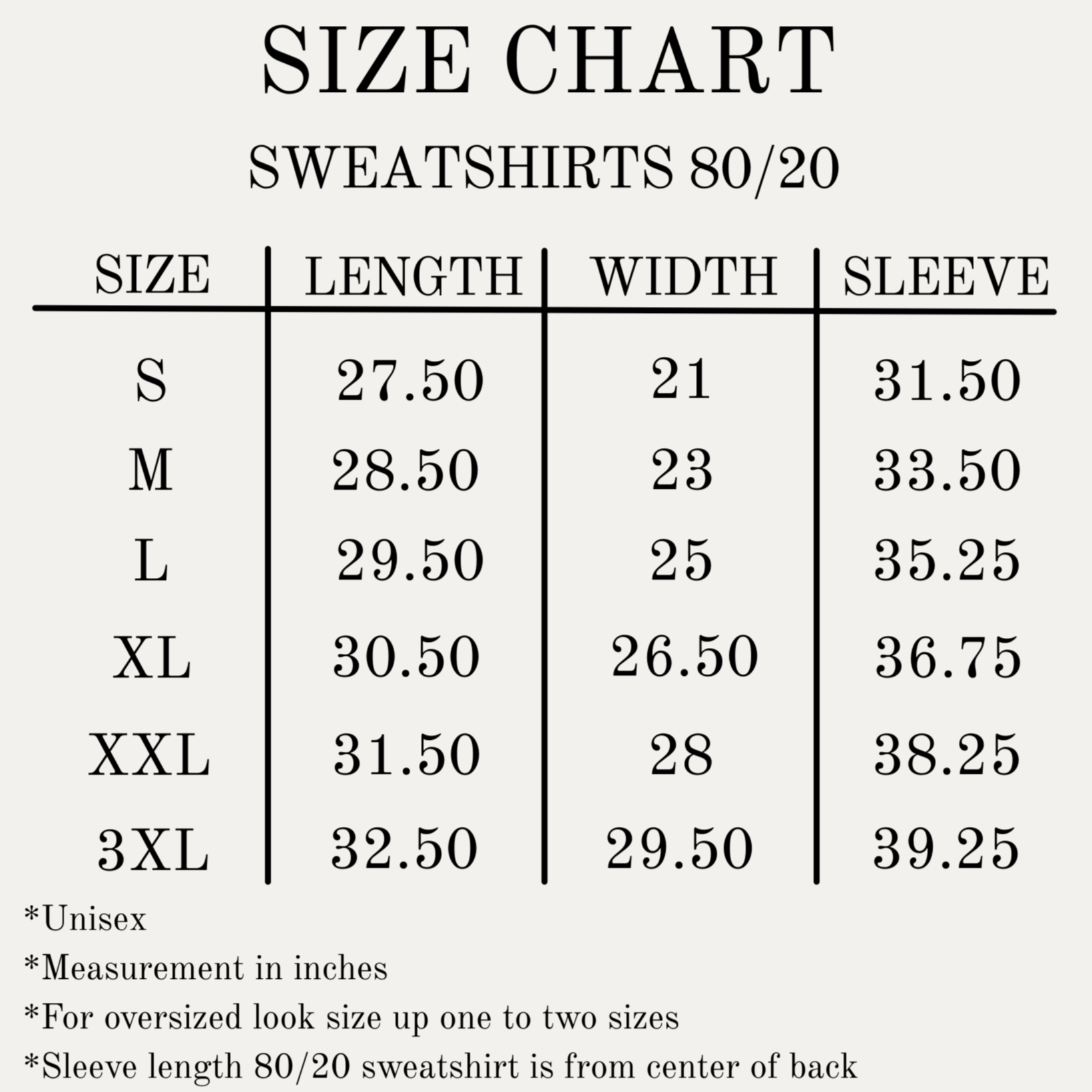 Size chart for Christian  sweatshirts in sizes S-3XL.