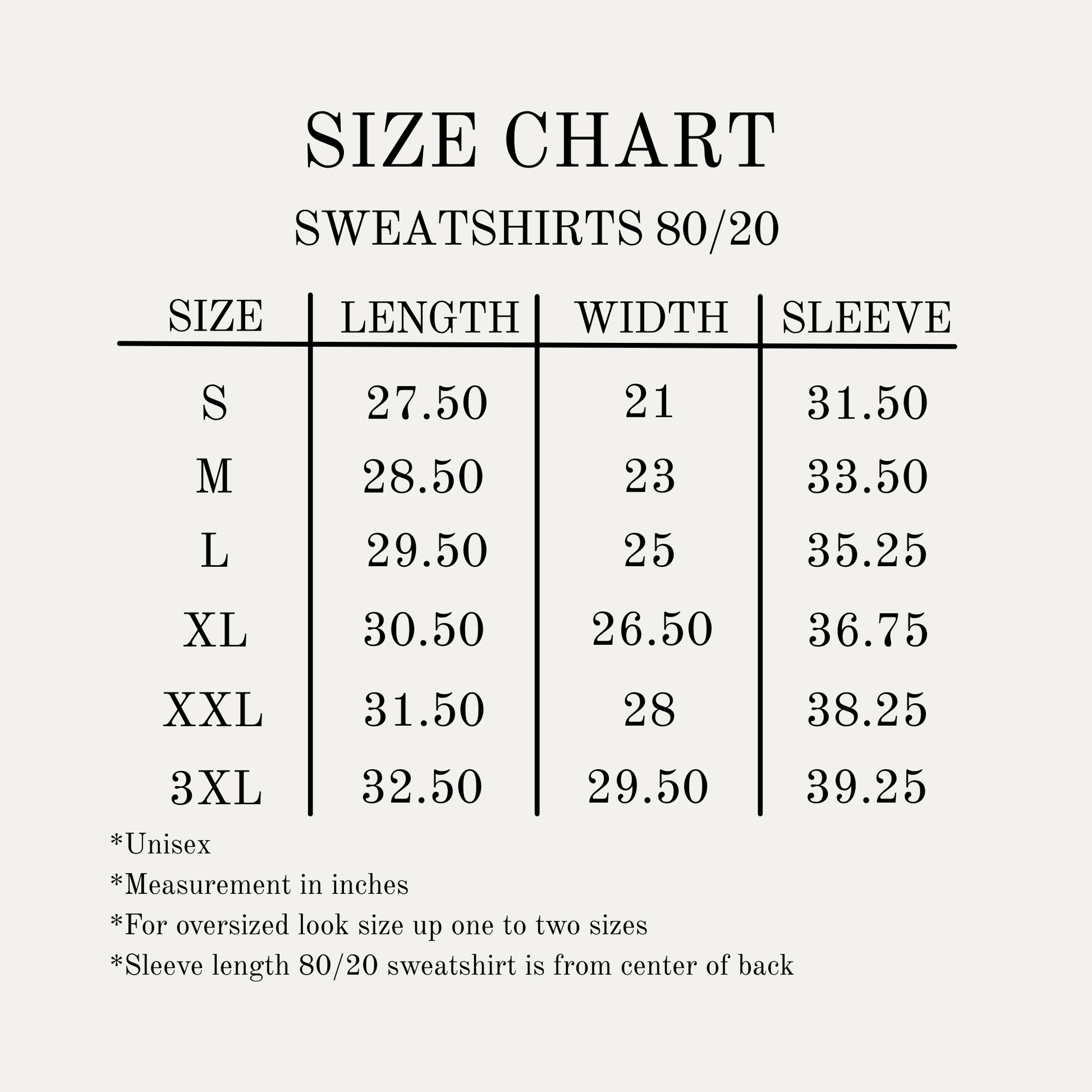 Size chart for faith based sweatshirts with measurements in inches. Sizes 3-XL. 