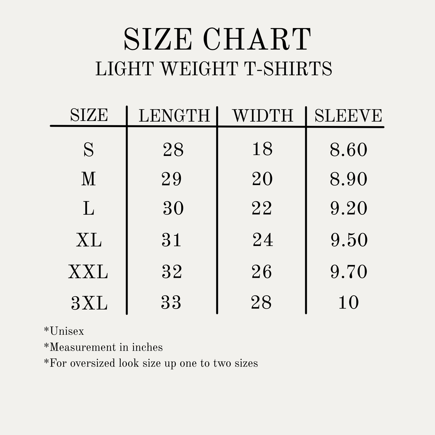 Size chart for lightweight faith based t-shirts. 
