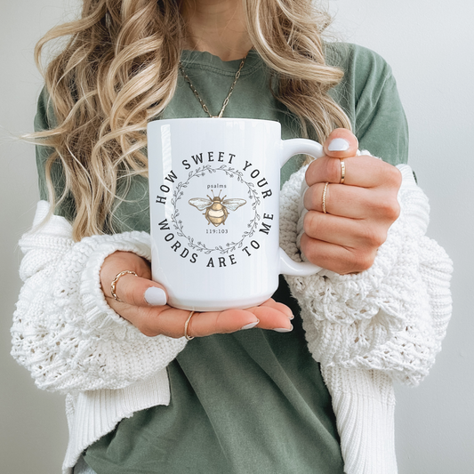 15oz white ceramic Christian mug with bee graphic and Psalm 119:103. "How sweet your words are to me." Faith-based code cup gift. 