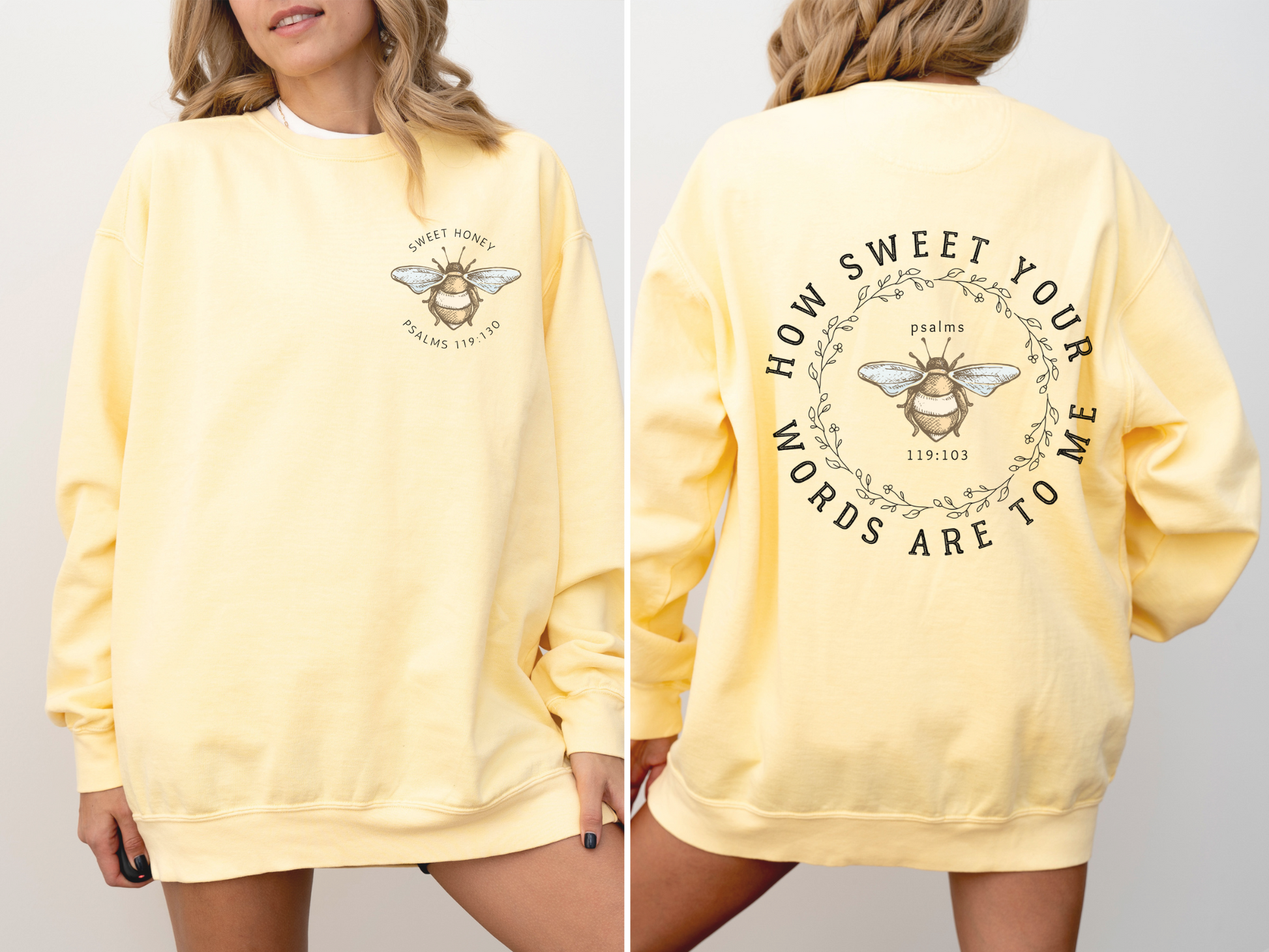 Christian crewneck sweatshirt with bible verse and bee design detail. Faith based gift idea. Butter colored sweatshirt. 