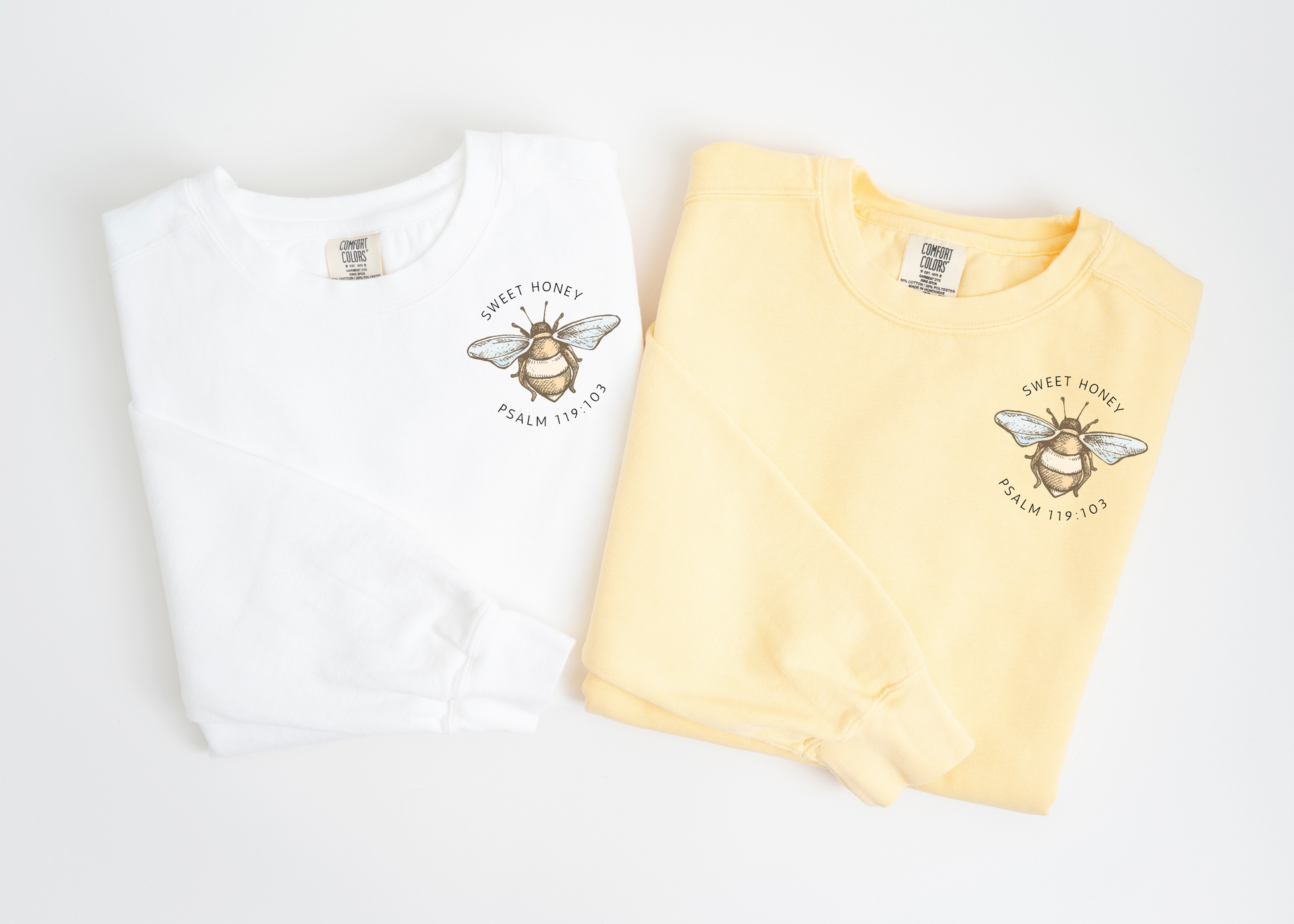 Christian sweatshirt with bee graphic and bible verse from Psalms. 