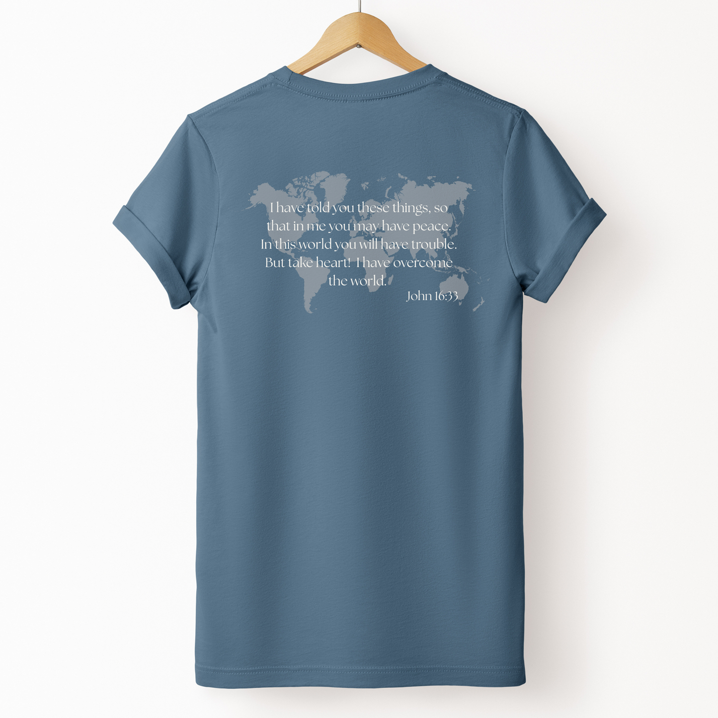 Faith based t-shirt with scripture verse and world map. 