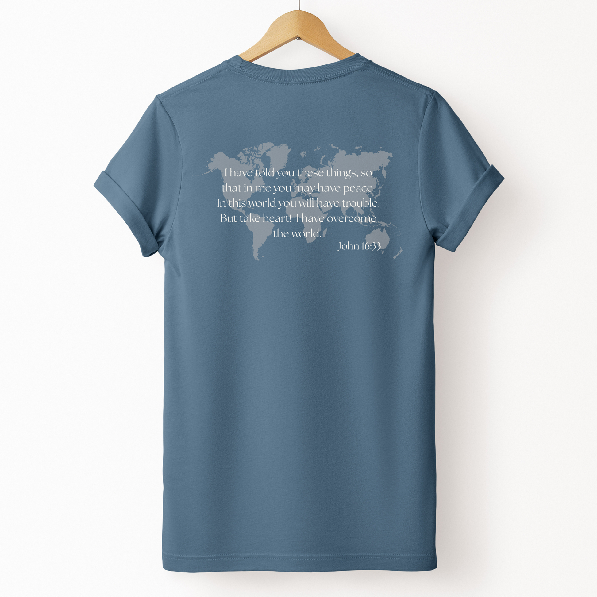 Faith based t-shirt with scripture verse and world map. 