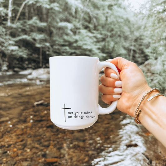 Things Above Mug Christian Mug in white ceramic with minimalist design. 
