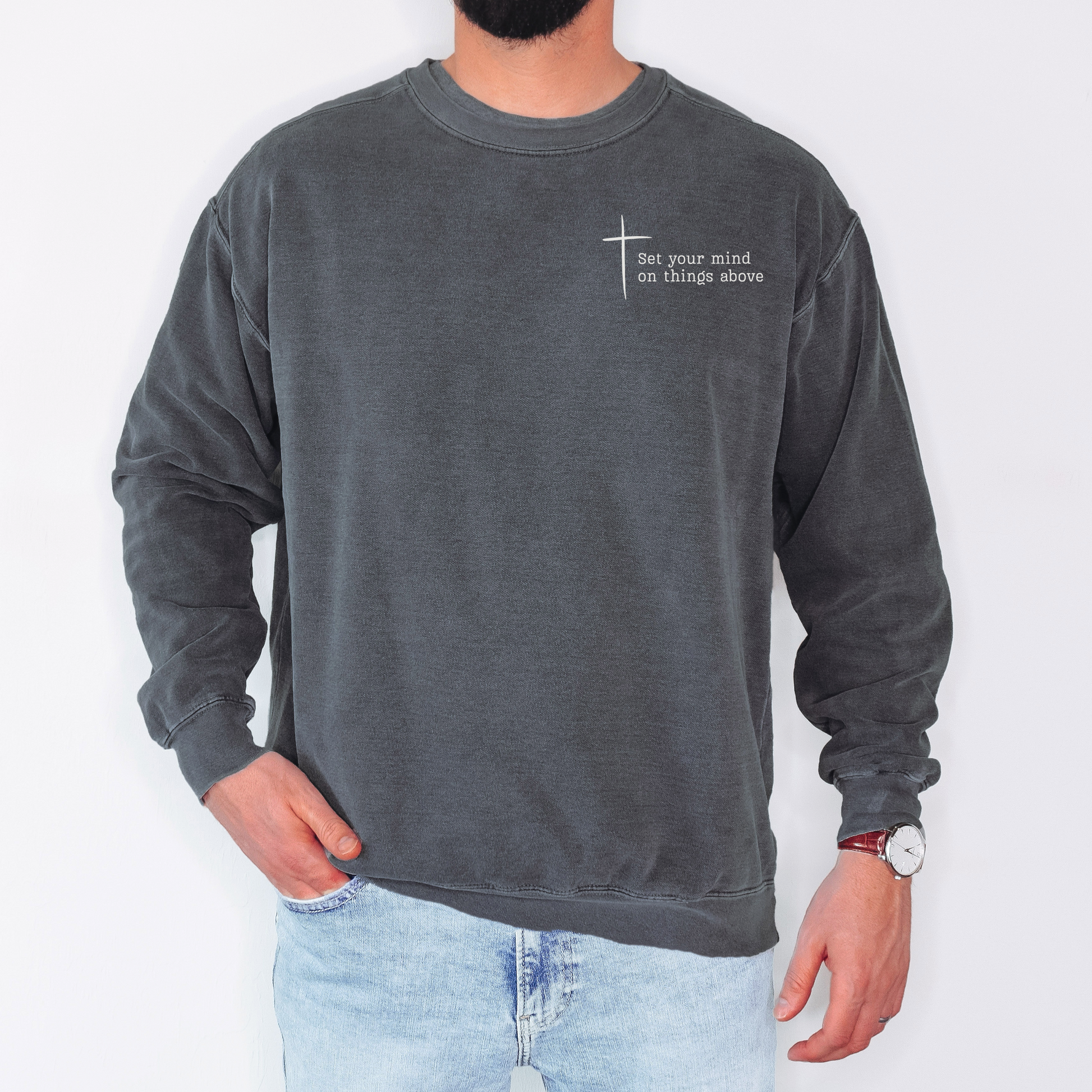 Mens Christian Sweatshirt with simple cross design. Gift ideas for mens faith apparel. 