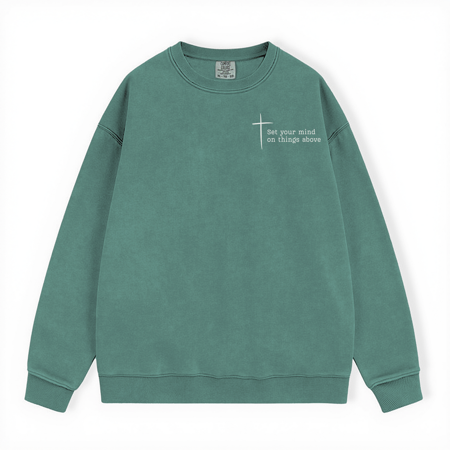 Set Your Mind on Things above faith-based sweatshirt with minimalist cross design. Unisex sizing S-3XL. 
