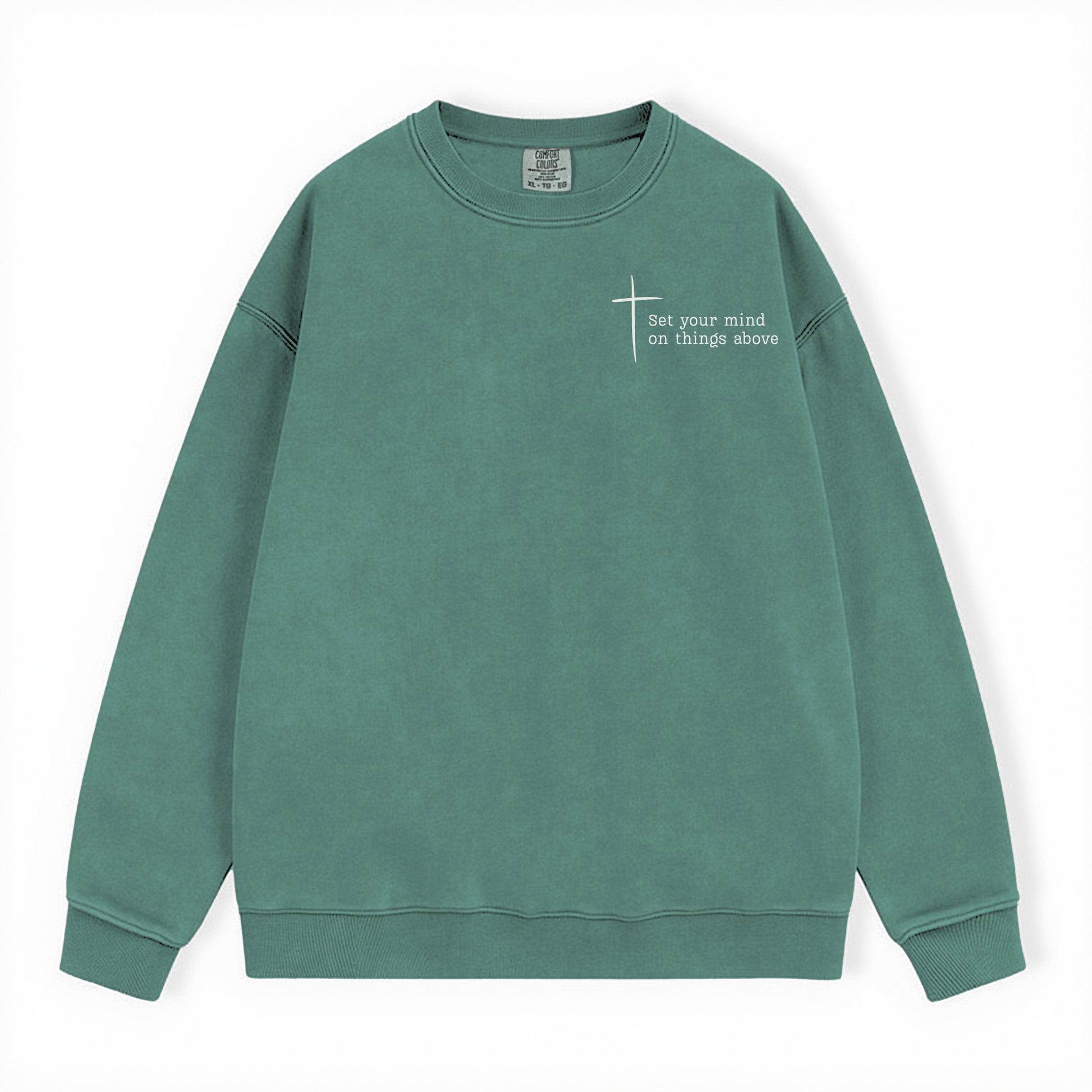 Set Your Mind on Things above faith-based sweatshirt with minimalist cross design. Unisex sizing S-3XL. 