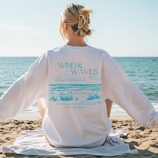 Wind & Waves Christian Sweatshirt with Matthew 8 Bible Verse and beach scene graphic. 